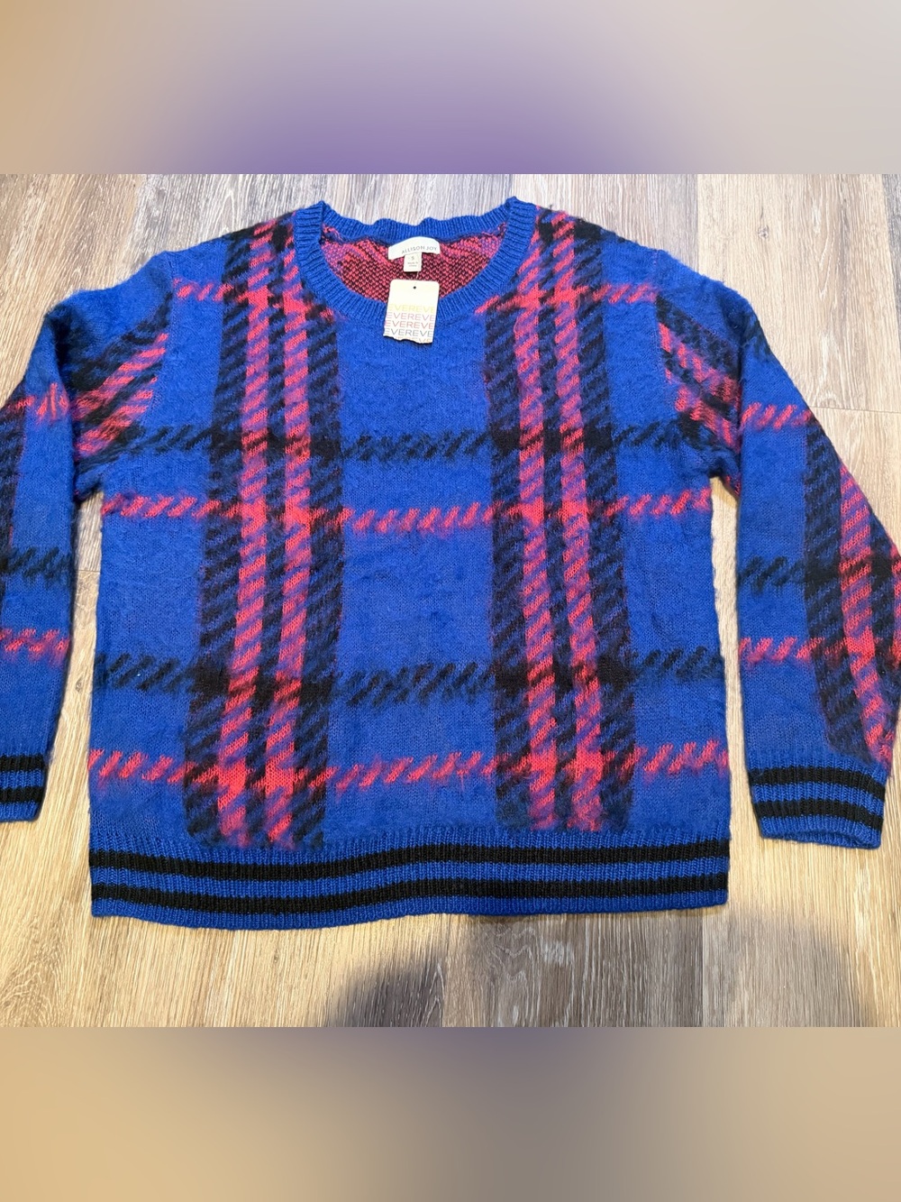 Evereve Blue Crewneck Sweater with Red & Black Plaid